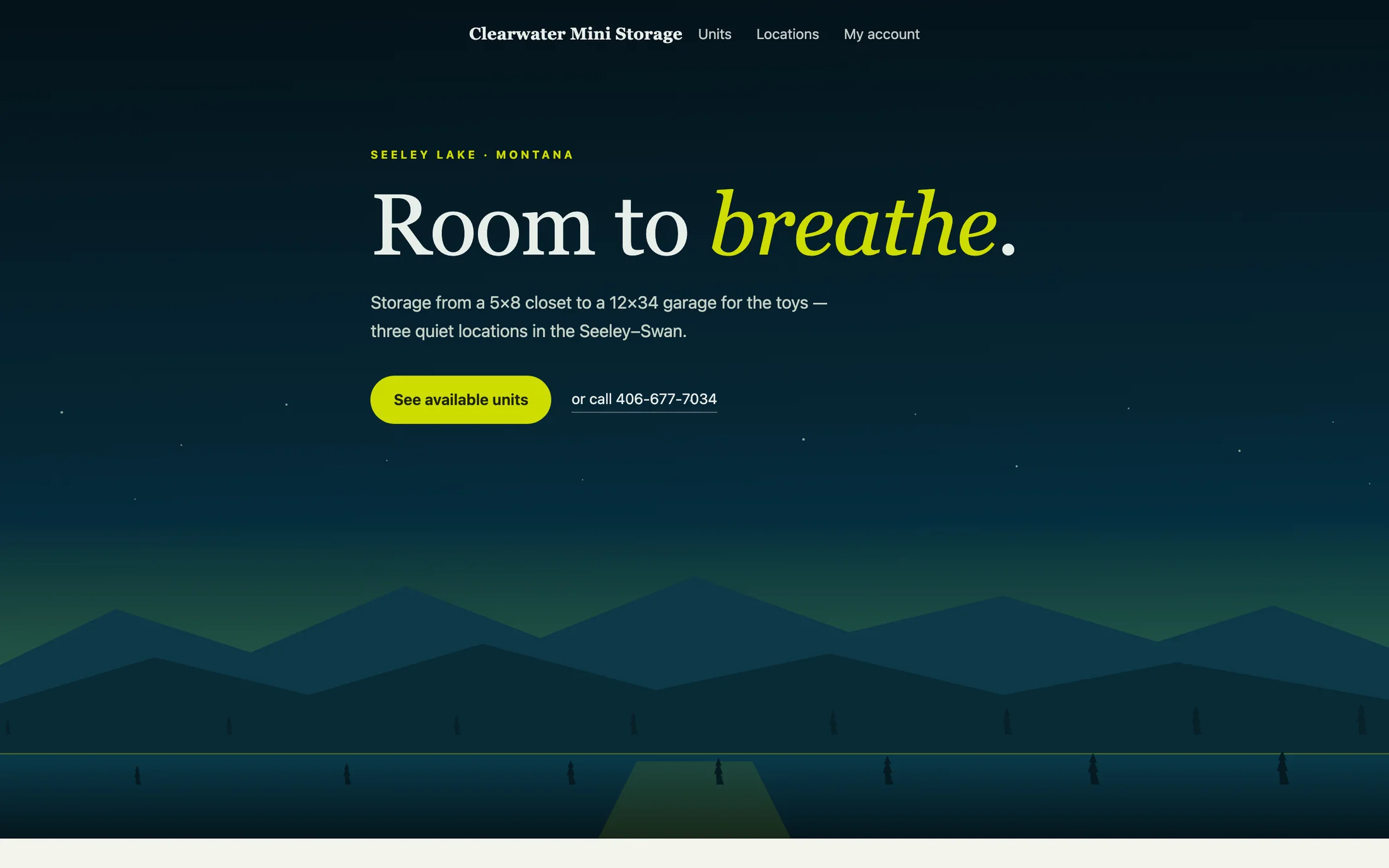 One operator's website: a twilight mountain scene with the headline Room to breathe